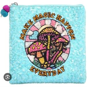 NEW Sequin Beaded Mushroom Design Make Magic Happen Everyday Pouch Blue